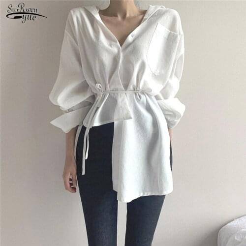 Autumn Long Sleeve V-neck Cardigan Button Up Shirt Irregular Korean White Tops For Women Casual Lace-up White Blouse Women 11677