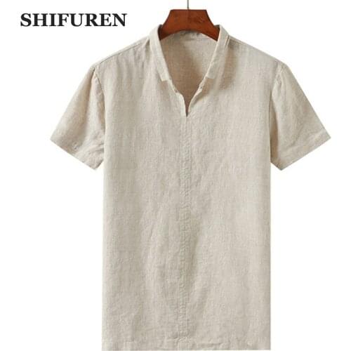 SHIFUREN Breathable Pure Linen Shirts Short Sleeve Tops High Quality Summer Causal Male Social Dress Shirts Masculina Camisas