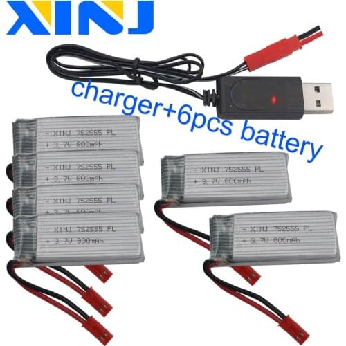 XINJ 6pcs+charger 3.7V 800mAh 25C Rechargeable Li- Po Polymer battery Li-ion 752555 for for JJRC H11C H11D RC Quadcopter Drone