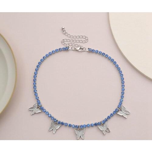 Light Blue Clear CZ Tennis Chain Butterfly Choker Necklace Women Chain Butterfly Necklaces Hip Hop Jewelry