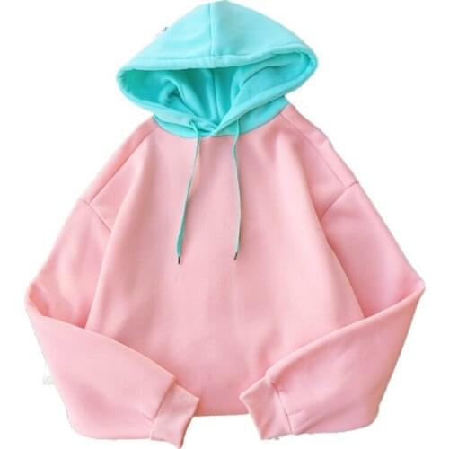 Fleece Hoodies Casual Spell Color Women Aesthetic Oversized Sweatshirts 2020 Winter Long Sleeve O-neck Harajuku Pullover Tops