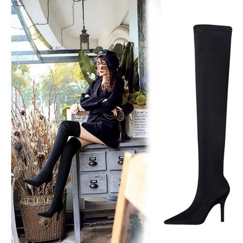 2020 European and American style high-heeled wine glass and pointed sexy nightclub show thin boots elastic Lycra Knee Boots