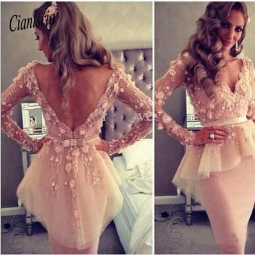 Sexy Sheer V-neck Long Sleeve Organza Sheath Appliques Lace Knee Length Sheath Party Dresses For Women Cheap Cocktail Dresses
