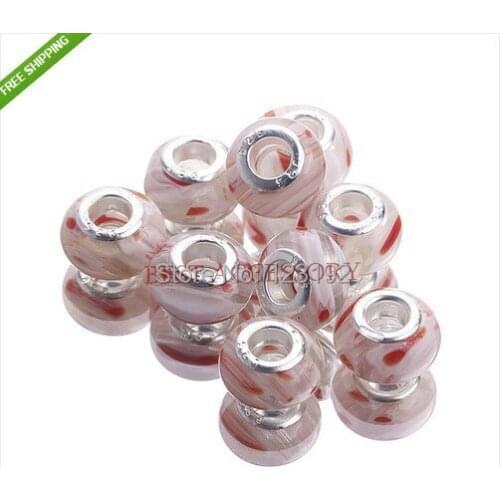 50pcs/lot Pink flower pattern Handmade Millefiori Glass Charms Big Hole Bead Fit Bracelets Beads Dia.:14mm Hole Dia.:5mm