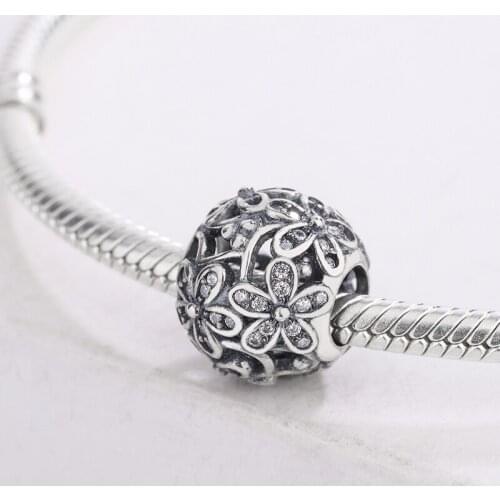 925 Sterling Silver CZ White Zircon Metal Flower Round Beads Pendant Charm Bracelet DIY Jewelry Making For Original Pandora