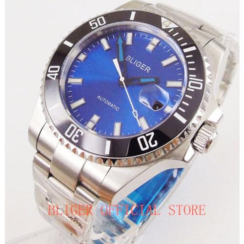 BLIGER Sapphire Glass 43mm Blue Nologo/Logo Dial Date Window Men Mechanical Wristwatch Mental Strap MIYOTA Movement