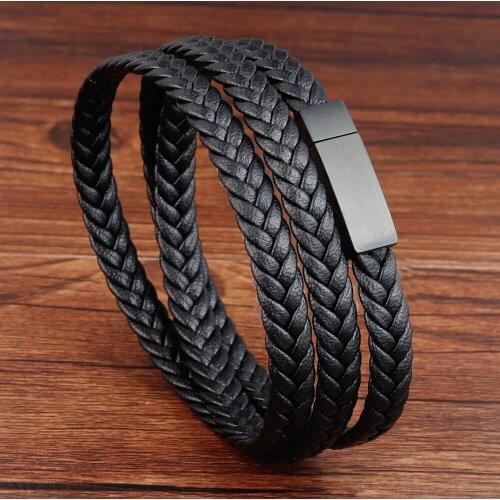 LAMEMDEE Stainless Steel Charm Magnetic Black Men Bracelet Leather Genuine Braided Multi-layer Punk Rock Bangles Jewelry Gift
