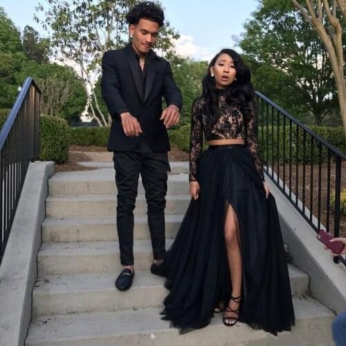 Black Long Sleeve Prom Dresses 2019 Formal Evening Party Pageant Gowns African Two Pieces Dress High Neck Plus Size Custom Made