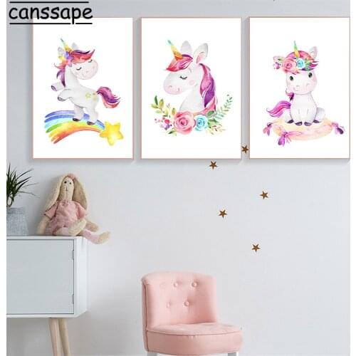 Nursery Wall Art Canvas Painting Unicorn Poster Rainbow Print Star Posters Flower Prints Nordic Wall Pictures Kids Bedroom Decor