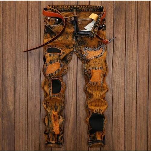 Men Retro Casual Jeans Hip Hop Patch homme Hole Biker Jeans Mens Embroidery Ripped Denim Pants Hombre Plus Size 28-42