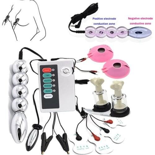 Electric Shock Nipple Suckers Clamps Electro Metal Bead Anal Butt Plug Breast Stimulate Pads BDSM Bondage Medical Themed Sex Toy