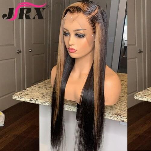 Honey Blonde Straight Lace Front Human Hair Wigs Highlight Ombre Brown #27 Colored Lace Closure Wigs Brazilian Remy Hair