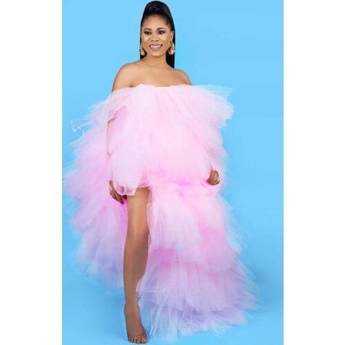 Fashion Pink Sexy Summer Dress Women Strapless Tulle Dresses Ruffles Layered High-Low Dresses Photography Plus Size