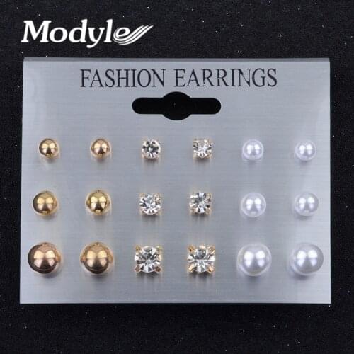 Modyle Fashion 9 pair/set Women Crystal Heart Stud Earrings for Women Piercing Simulated Pearl Flower Earrings