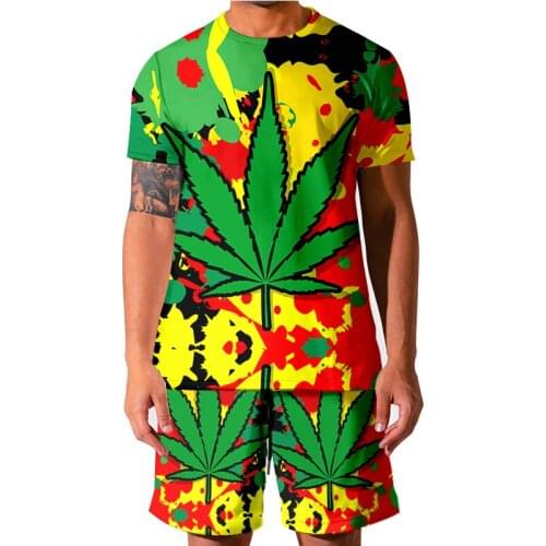 2021 New 3D Green Lucky Leaf Pattern Mens Round Neck T-shirt Suit Fashion Mens And Womens T-shirt + Shorts Sportswear 5XL