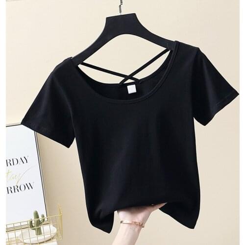 2xl Solid Cotton White T-shirt Women Summer Slim Plus Size O-neck Short Sleeve Top Women Sexy Backless Shirt Women