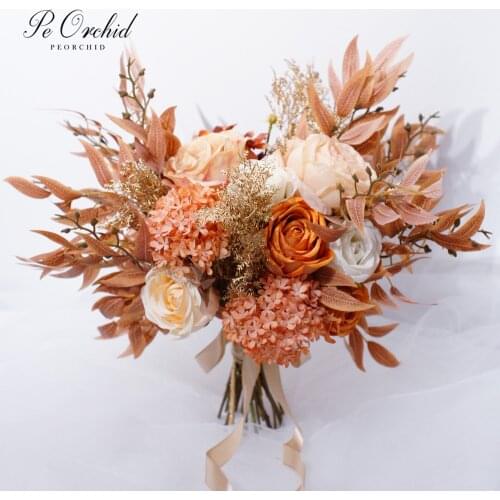 PEORCHID 2021 New Arrival Light Orange Bridal Bouquet Wedding Artificial flowers Rose Hydrangea Bouquet Charming Boque De Noiva