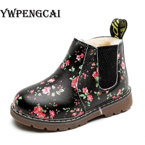 Size 21-36 Kids Boots Flowers Print Girls Boots Autumn Winter Thicken Fur Snow Boots Chelsea Ankle Toddler Boots #7J300436
