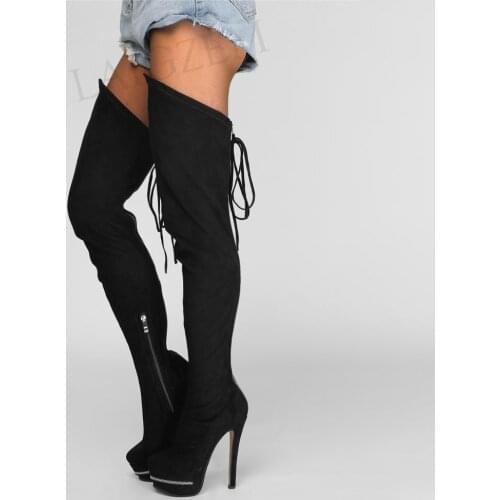 LAIGZEM Back Zip Women Thigh High Boots Faux Suede Pleated Boots Over Knee Party Cosplay Shoes Botines Large Size 39 45 47 52