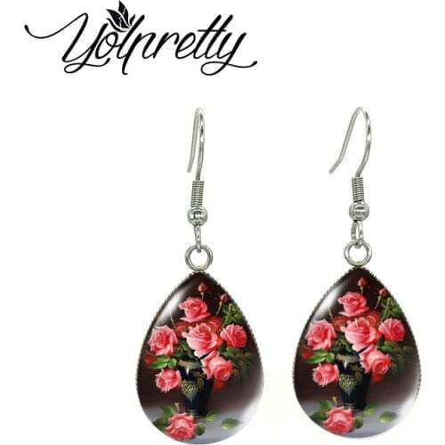 2021 New Colorful Rose Flowers in the Vase Oil Paintings Tear Drop Earrings Handcraft Fish Hook Earrings