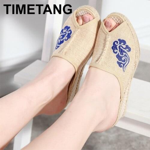 TIMETANG Floral Embroidered Women Peep Toe Linen Wedge Slippers Summer Retro Style Med Heel Ladies Platform Shoes Sandials Mujer