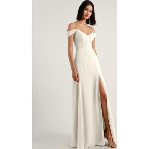 Ivory Evening Dress A-Line Bateau Neck Floor-Length Short Sleeves Zipper Split Front Stretch Crepe Social Pageant Dresses