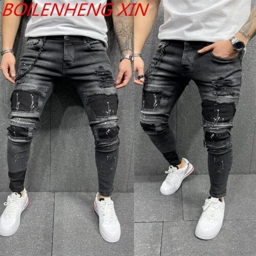 Spring 2021 Skinny Jeans Men Beggar Ripped Jeans Stretch Zipper Denim Hip-Hop Casual Men Jeans Solid Color Vintage Pencil Jeans