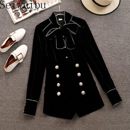 2020 Spring Autumn office lady outfits Women Long Sleeve Bow Shirts + Double-breasted Shorts 2 pcs sets Female Fashion Suits