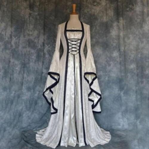 Cosplay Dress Vintage Medieval Robe Flare Sleeve Floor Length Solid Color Large Cuff Maxi Dresses Party Costume for Halloween