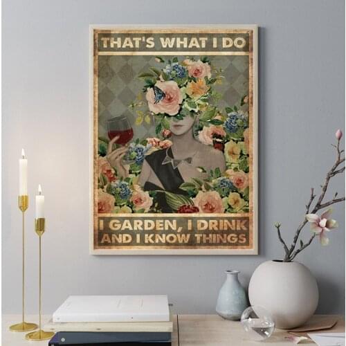 Garden and Wine Lady Vintage Poster Canvas Print Love Gardening Wall Art Painting Gifts Girl Drink Wine Picture Home Room Decor