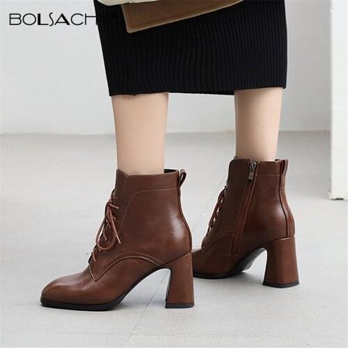 Hot women Ankle boots PU Leather 34-43 Lace-Up For Women Square toe Chelsea Boots Zip High heel Boots Black Brown Botas mujer