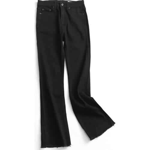 Womens Fashion Solid Black Long Cotton Jeans Female Plus Size Flare Denim Pants Trousers TB153