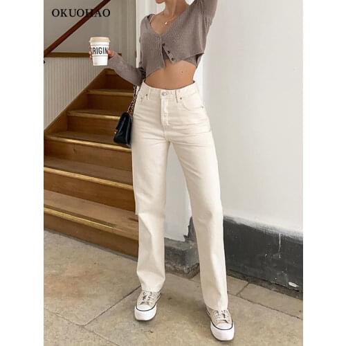 2021 Fashion Jeans Women Straight Leg Mom Pants White Loose High Waist Baggy Jean Wash Trousers Cotton Classic Female Denim Pant