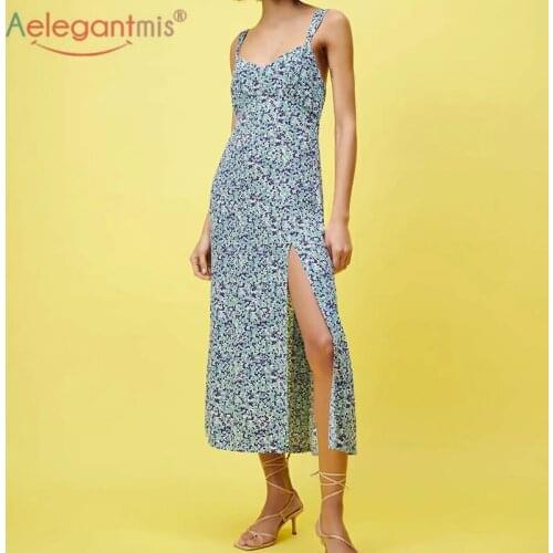 Aelegantmis Sexy Folds Split Spaghetti Strap Dress Women V Neck A Line Sleeveless Floarl Long Dress Summer Fashion Party Vestido
