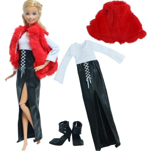 3 PCS/Set Doll Accessories High Heels Shoes Soft Fur Coat PU Dress Winter Wear Warm Casual Clothes for Barbie Doll kids 12‘’ Toy