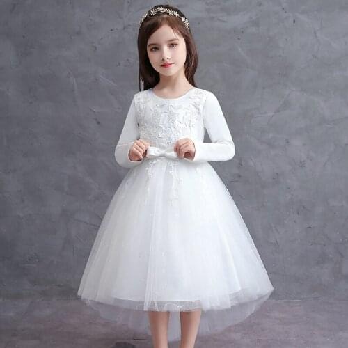 White Performance Girl Host Dress New Design Bow Lace Kids Tuxedo Spring And Summer Formal Party American Style Dress