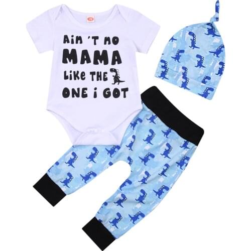 Citgeett Summer Newborn Boys 3Pcs Romper Set Short Sleeve Triangle Bodysuit Dinosaur Printed Long Pants and Hat Clothes