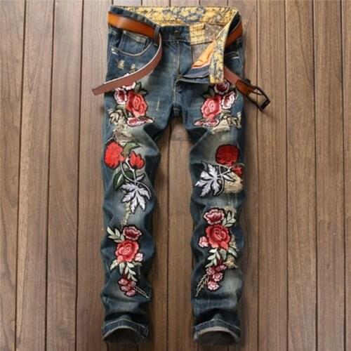 Mens Large Size Straight Tube Slim Casual Fashion Joker Embroidery Rose Trend Retro Blue Middle Waist Denim Trousers