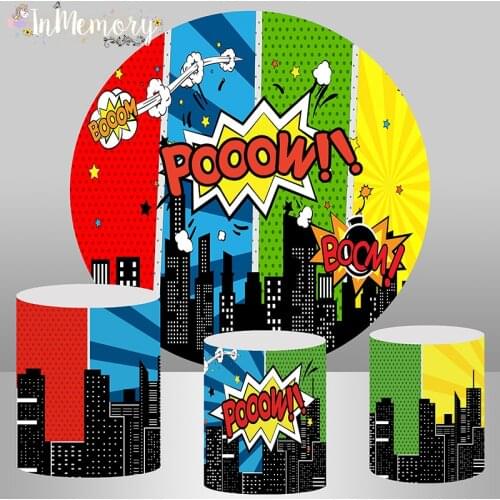 Superhero City Building Baby Shower Birthday Party Backdrop Circle Round Background Birthday Cake Table Banner Plinth Covers