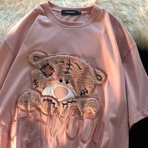 3colors Weak Bear Embroidery T Shirts 2021 Summer Plus Size Basic Cotton O-neck Casual Tops Korean Fashion Graphic Tee for Teens