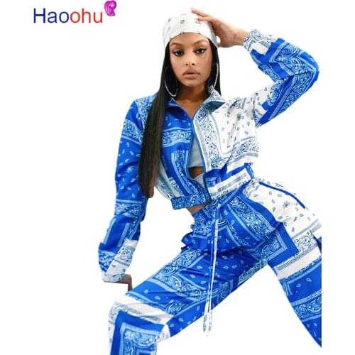 HAOOHU Long Sleeve Womens set Paisley Bandanna Print Two Piece Set Jacket Crop Top Pencil Pants Fashion Tracksuit