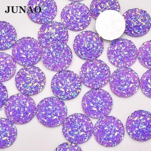 JUNAO 50pcs 12mm Glitter Purple AB Round Resin Rhinestones Flatback Cabochon Stone Non Hotfix Scrapbook Strass Ornament