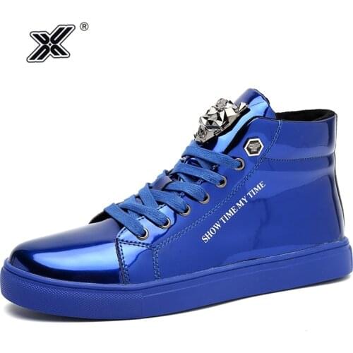 X Brand Fashion Autumn Mens Sneakers Big Size Shiny Metal Men Casual Shoes Glitter Red Blue High top Men Shoes Sneakers 2020