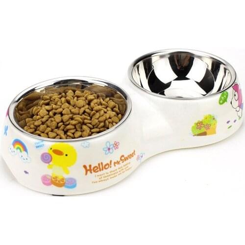 Cartoon melamine pet bowl dog stainless steel double bowl two-in-one dog bowl non-slip cat bowl food bowl supplies