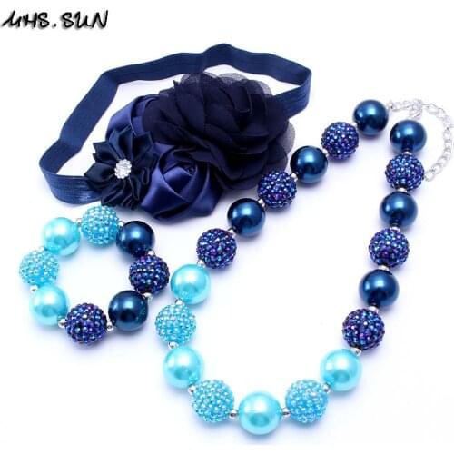 MHS.SUN Girls Chunky Beads Necklace Bracelet Hairbands Set Blue Style Kids Child Bubblegum Jewelry Set Handmade Party Gifts