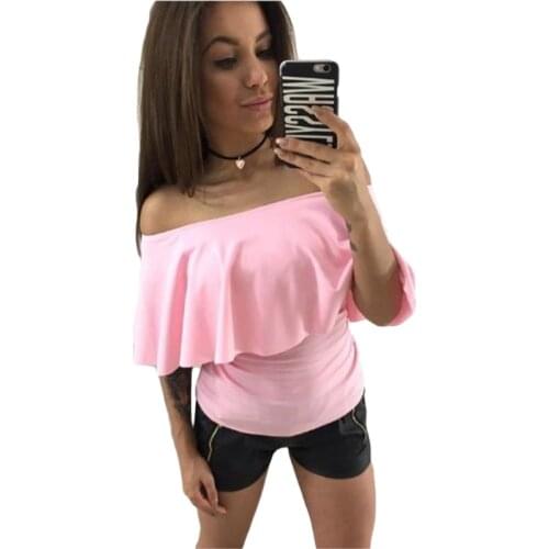 New Off Shoulder Women Blouse Shirts Short Sleeve Casual Solid Ruffles Slash Neck Women Blouse Slim Lady Blusas Women Tops