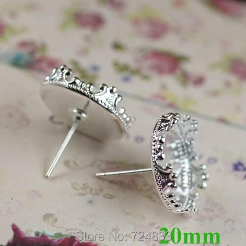 20mm New Silver Plated Brass Blank Bases Round Crown Bezel tray Cabochon Pin Stud Earrings Post Settings Findings Wholesale