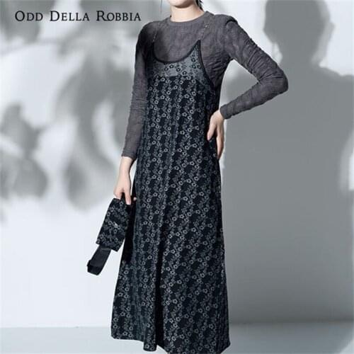 OddDellaRobbia Spring Summer Vintage Style Romantic Elegant Hedging Jacquard Suspenders Long Skirt Dress+Waist Bag Women B4007