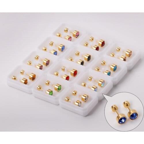 12 Pairs Round Earrings Anti-allergy Cubic Zirconia Gold Silver Color 316L Stainless Steel Stud for Party Jewelry Accessories