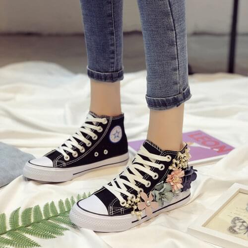 Summer High Top Women Sneakers Wedges Canvas Shoes Fashion Casual Shoes Woman Handmade Custom Pearl Flowers White Black Flats